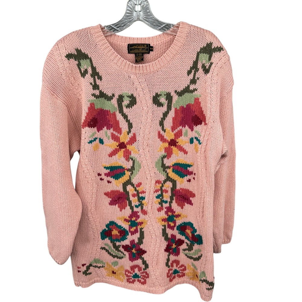 Vintage‎ Eddie Bauer Sweater Womens M Floral Knit Pink Cotton 90s Oversize